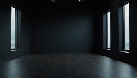 Empty room with black wall and wooden floor. 3d rendering.の素材