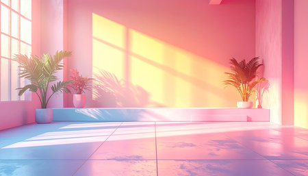 Interior of modern living room with pink walls, tiled floor and window with palm trees. 3d renderingの素材