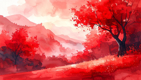 Watercolor autumn landscape with red trees and road. Digital art paintingの素材