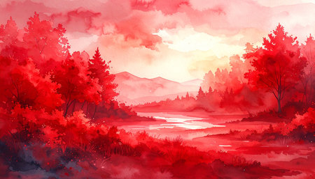 Watercolor landscape with river, forest and mountains. Digital art painting.の素材
