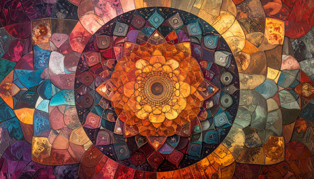 Colorful stained glass window in the form of a mandala.の素材