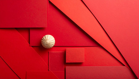 Abstract geometric background made of red and white paper sheets with a wooden ballの素材