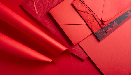 Red envelopes on red paper background. Top view with copy spaceの素材