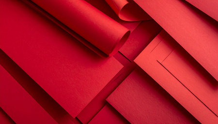 Abstract background made of red paper sheets. Flat lay, top view.の素材