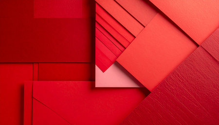 Abstract geometric background with red paper sheets. Top view. Copy space.の素材