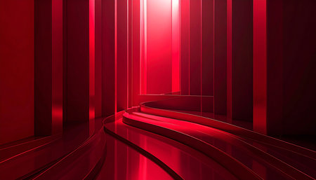 Abstract red interior with empty podium, 3d render. Computer digital drawing.の素材