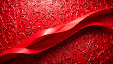 Red satin ribbon on the background of a red wall. 3d illustrationの素材