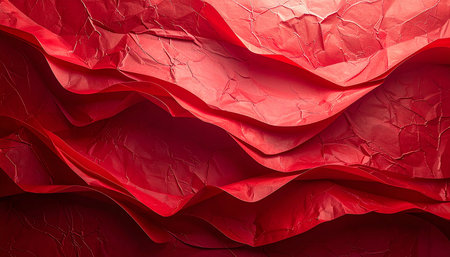Red crumpled paper as a background, closeup of photoの素材