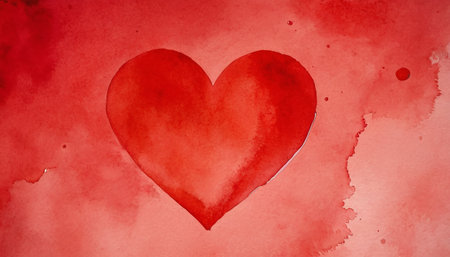 Watercolor valentine background with red heart on watercolor paperの素材