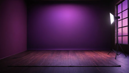 Empty room with purple wall and wooden floor. 3D Renderingの素材