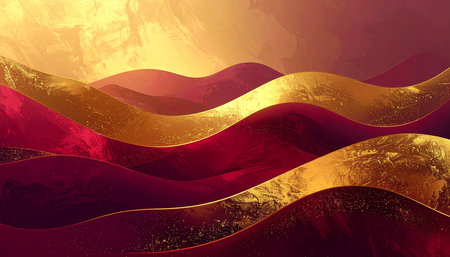 abstract background with red and gold waves. 3d render illustrationの素材