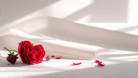 Red rose and white sheet of paper on a white background with shadowsの素材