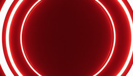 3d rendering of a red neon circle on a dark background.の素材