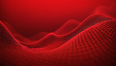 3d rendering of abstract red particles wave flow with depth of field and bokeh light effects. Futuristic background for science or technology presentation.の素材