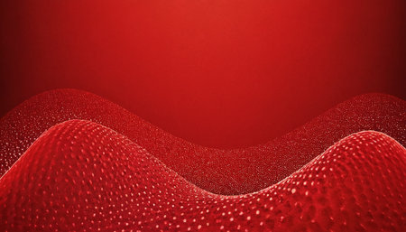 Red abstract background with waves and drops. 3d rendering, 3d illustration.の素材