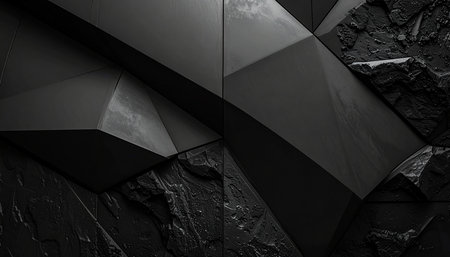 3d illustration of abstract geometric composition, polygonal shapes, black backgroundの素材
