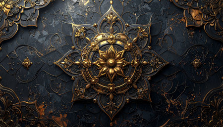 3D illustration of a gold ornament on a black background. Design elementの素材