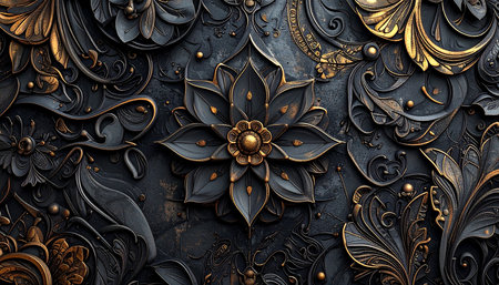 3D render of abstract floral background with gold and black elements. Computer generated graphics.の素材