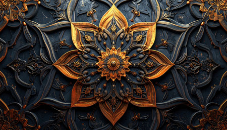 3D render of an abstract metal background with a floral ornament.の素材