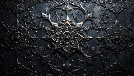 Luxury black metal background with ornament. 3d illustration.の素材