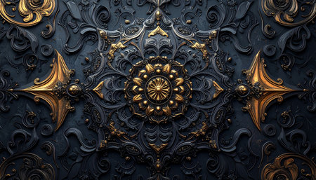 3D render of a golden ornament on a black wall with decorative elementsの素材