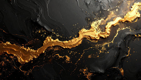 Black and gold liquid texture. Fluid art. 3d illustrationの素材