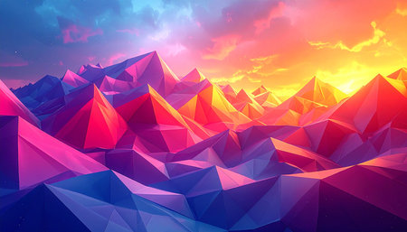 Abstract 3d render of low poly mountain landscape with colorful sunrise.の素材