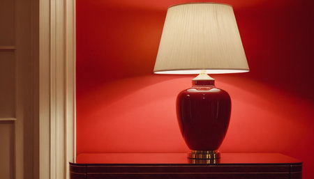 Table lamp on a red wall in a hotel room, vintage styleの素材
