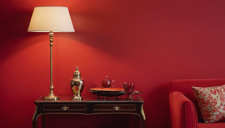 interior of a red living room with a red sofa and a table lampの素材
