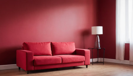 Red living room with red sofa and floor lamp. 3d renderingの素材