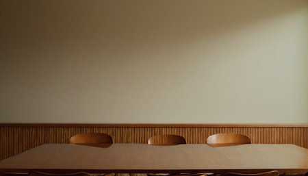 Wooden table and chairs in a cafe with copy space for textの素材