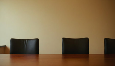 Interior of a meeting room with black leather chairs and brown wallの素材