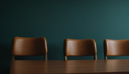Three brown chairs on a table in a meeting room with a green wallの素材
