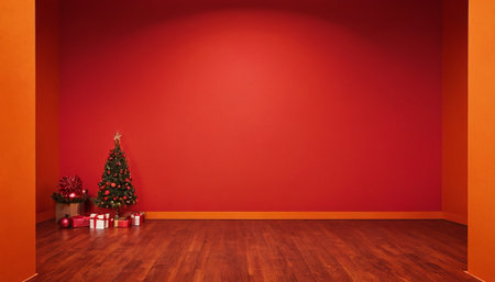 Christmas tree with presents in red room with red wall and wooden floorの素材