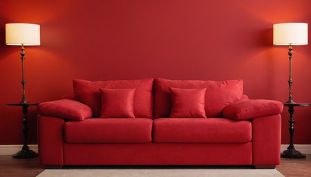 Red sofa and floor lamp in the living room. 3d renderingの素材