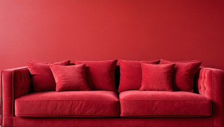Red sofa with pillows on a red wall background, interior designの素材