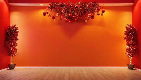 Empty room with red wall and christmas decorations. 3d renderingの素材