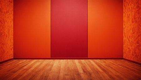 Empty room with red wall and wooden floor. 3D Renderingの素材