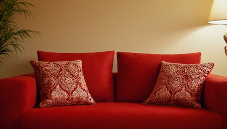 Red sofa with pillows and a lamp in the living room.の素材