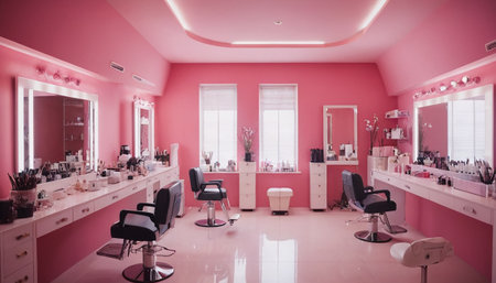 Pink interior of a beauty salon with pink walls and white floor.の素材