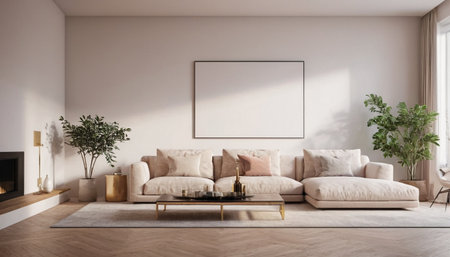 Modern living room interior with white walls, wooden floor, beige sofa and coffee table. Mock up poster frame. 3d renderingの素材