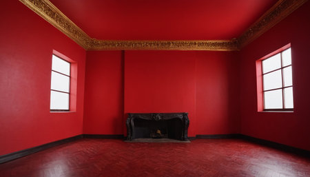 Interior of an empty room with a fireplace and a red wallの素材