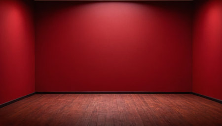 Empty room with red wall and wooden floor, 3d render.の素材