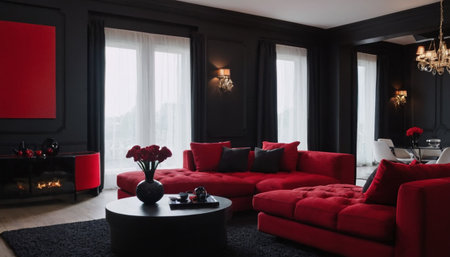 luxury living room with red sofa and black wall. interior designの素材