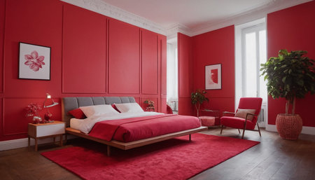 Interior of a modern bedroom with red walls and a double bedの素材