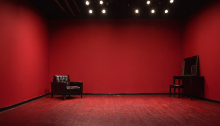 Interior of a room with a red wall and a leather chairの素材