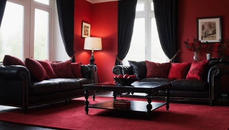 Interior of a red living room with black leather sofasの素材