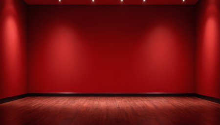 3d render of empty red room with red wall and wooden floorの素材