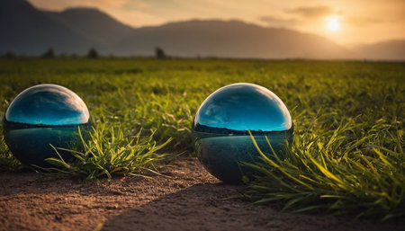Glass globe on green grass field with mountains in the background at sunsetの素材