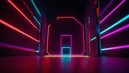 3d rendering. Futuristic dark corridor with neon glowing lights.の素材